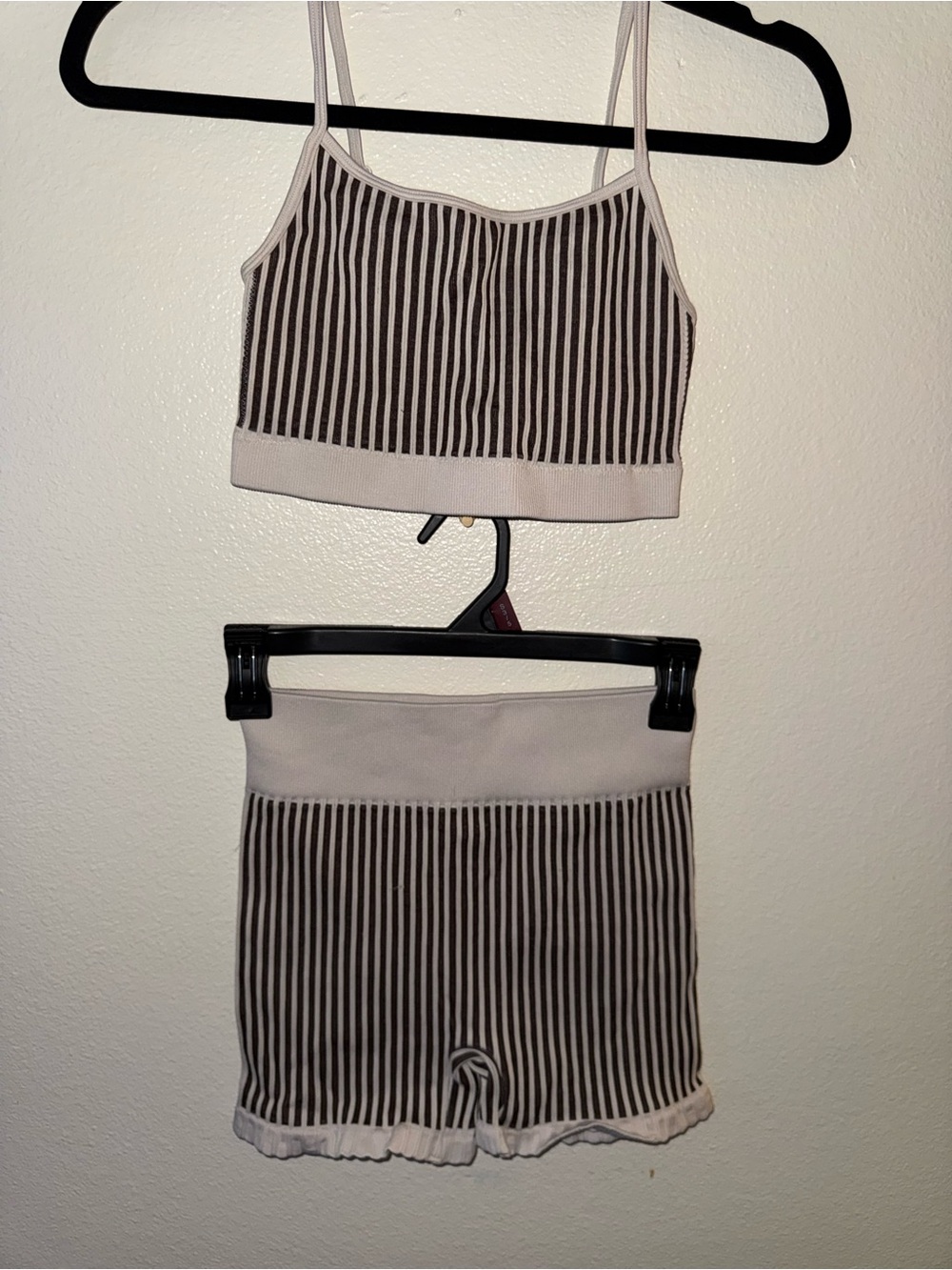 Striped Ribbed Athletic Shorts Set - Cream and Brown